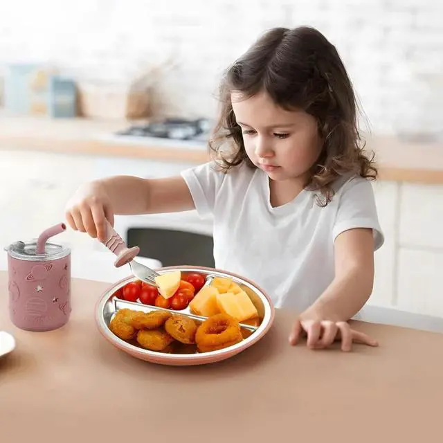 Alt view image 2 of 7 - Stainless Steel Baby Feeding Set | 2 Divided Suction Plates, 2 Spill-Proof Straw Cups with Silicone Sleeves, 2 Forks & 2 Spoons | Toddler Utensils for Baby Led Weaning, BPA-Free (Pink)