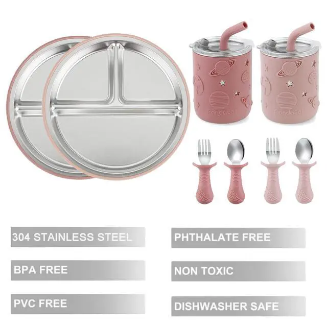 Alt view image 3 of 7 - Stainless Steel Baby Feeding Set | 2 Divided Suction Plates, 2 Spill-Proof Straw Cups with Silicone Sleeves, 2 Forks & 2 Spoons | Toddler Utensils for Baby Led Weaning, BPA-Free (Pink)