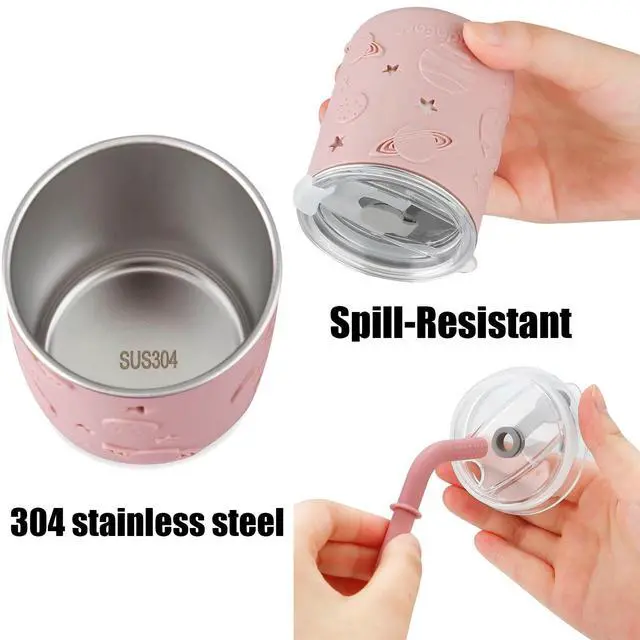 Alt view image 4 of 7 - Stainless Steel Baby Feeding Set | 2 Divided Suction Plates, 2 Spill-Proof Straw Cups with Silicone Sleeves, 2 Forks & 2 Spoons | Toddler Utensils for Baby Led Weaning, BPA-Free (Pink)