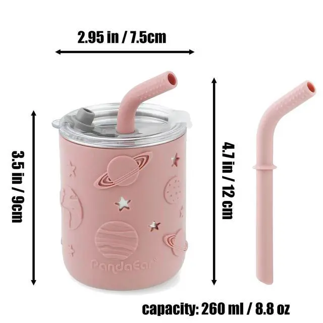 Alt view image 7 of 7 - Stainless Steel Baby Feeding Set | 2 Divided Suction Plates, 2 Spill-Proof Straw Cups with Silicone Sleeves, 2 Forks & 2 Spoons | Toddler Utensils for Baby Led Weaning, BPA-Free (Pink)
