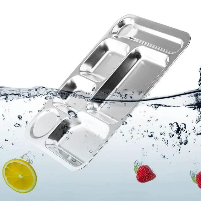 Alt view image 3 of 7 - 4 Pack Stainless Steel Rectangular Divided Dinner Tray, 6 Sections Stainless steel Metal Plate for Adults, Picky Eaters, Campers, and Portion Control