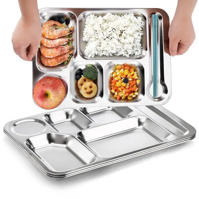 Alt view image 4 of 7 - 4 Pack Stainless Steel Rectangular Divided Dinner Tray, 6 Sections Stainless steel Metal Plate for Adults, Picky Eaters, Campers, and Portion Control