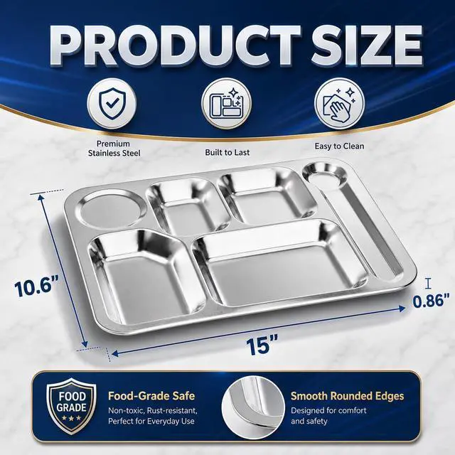 Alt view image 2 of 7 - 4 Pack Stainless Steel Rectangular Divided Dinner Tray, 6 Sections Stainless steel Metal Plate for Adults, Picky Eaters, Campers, and Portion Control