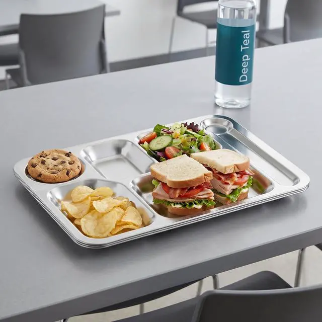 Alt view image 5 of 7 - 4 Pack Stainless Steel Rectangular Divided Dinner Tray, 6 Sections Stainless steel Metal Plate for Adults, Picky Eaters, Campers, and Portion Control