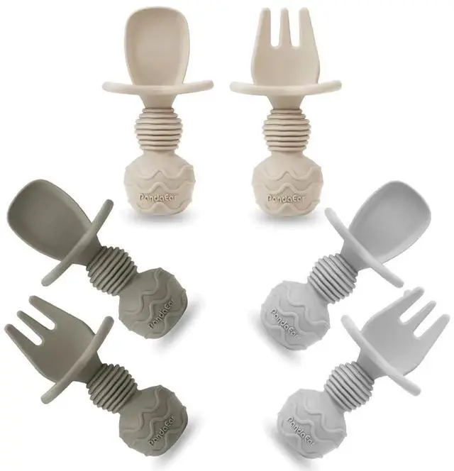 Main image of 6 Pack Silicone Baby Spoons and Fork Feeding Set- Anti-Choke First Self Feeding Utensils for Baby Led Weaning Ages 3 Months (Tan,Walnut&Grey)