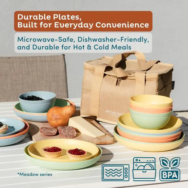Alt view image 3 of 7 - 8-Pack Reusable Wheat Straw Plates Set - Non Toxic and Non Plastic Dinner Plates for Kids and Adults, Lightweight Unbreakable Plate, Microwave Safe and Dishwasher Safe (Meadow 9")