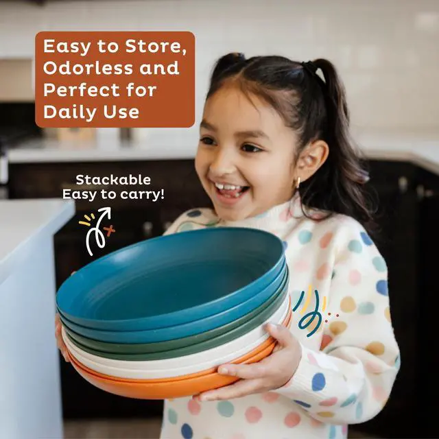Alt view image 5 of 7 - 8-Pack Reusable Wheat Straw Plates Set - Non Toxic and Non Plastic Dinner Plates for Kids and Adults, Lightweight Unbreakable Plate, Microwave Safe and Dishwasher Safe (Meadow 9")