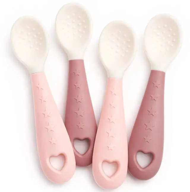 Main image of 4-Pack Silicone Baby Spoons, Soft Gum-Friendly First Feeding Spoons for Babies, Baby Feeding Utensils Essentials, Easy-Grip Handle, BPA Free, Dishwasher Safe, 2 Pink 2 Purple