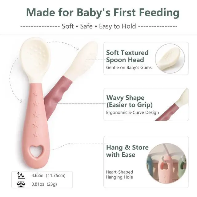 Alt view image 2 of 6 - 4-Pack Silicone Baby Spoons, Soft Gum-Friendly First Feeding Spoons for Babies, Baby Feeding Utensils Essentials, Easy-Grip Handle, BPA Free, Dishwasher Safe, 2 Pink 2 Purple