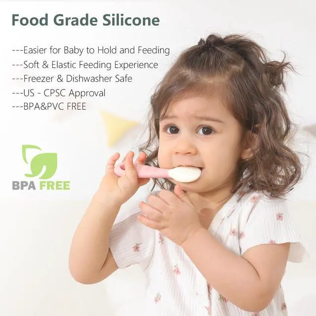 Alt view image 3 of 6 - 4-Pack Silicone Baby Spoons, Soft Gum-Friendly First Feeding Spoons for Babies, Baby Feeding Utensils Essentials, Easy-Grip Handle, BPA Free, Dishwasher Safe, 2 Pink 2 Purple