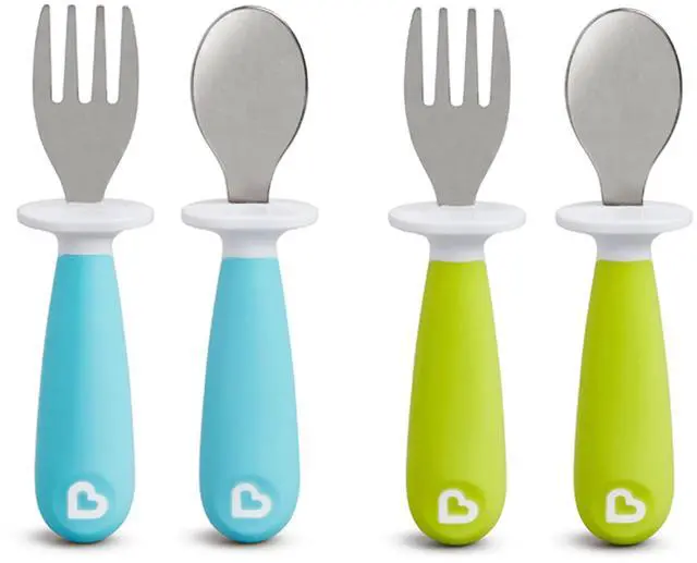 Main image of Raise Toddler Fork and Spoon Utensil Set, Rest Keeps Tip Off Table, BPA Free, 4 Pack, Blue/Green
