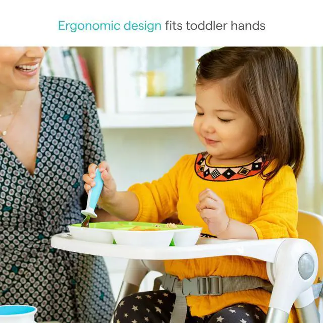 Alt view image 2 of 7 - Raise Toddler Fork and Spoon Utensil Set, Rest Keeps Tip Off Table, BPA Free, 4 Pack, Blue/Green