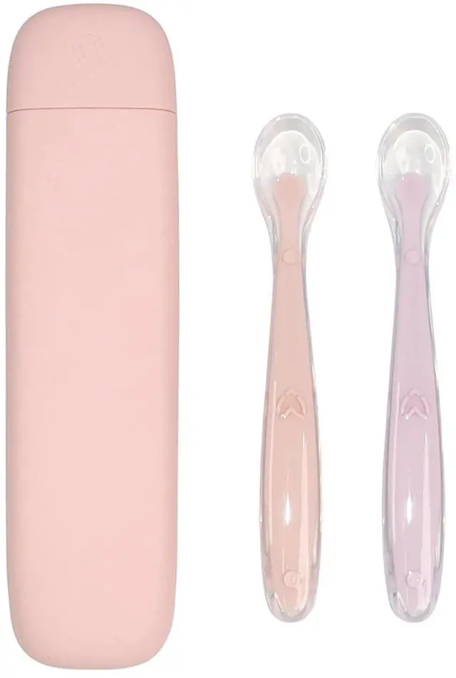 Main image of Silicone Baby Feeding Spoons with Storage Box, First Stage Infant Soft-Tip Easy on Gums I Training Spoon Self | Utensils Supplies (Pink)