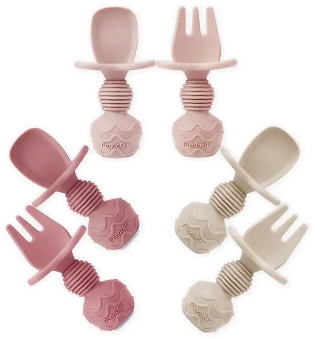 Main image of 6 Pack Silicone Baby Spoons and Fork Feeding Set- Anti-Choke First Self Feeding Utensils for Baby Led Weaning Ages 3 Months -Pink