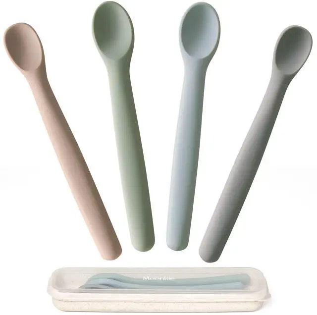 Main image of Silicone Baby Spoons Set of 4, Toddler Spoons for Self Feeding 6 Months, Two Sizes Feeding Spoons for First Stage 4+ Months, Infant, Baby Utensils with Case, Bendable, Chewproof & Boil-proof