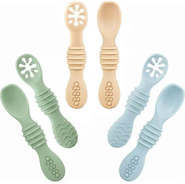 Main image of PandaEar 6 Pack Silicone Baby Spoons for Baby Led Weaning, First Stage Baby Toddler Self Feeding Utensils 6+ Months (Blue Green Beige)