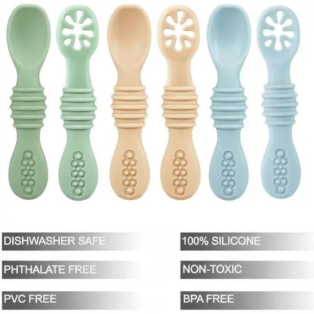 Alt view image 4 of 7 - PandaEar 6 Pack Silicone Baby Spoons for Baby Led Weaning, First Stage Baby Toddler Self Feeding Utensils 6+ Months (Blue Green Beige)
