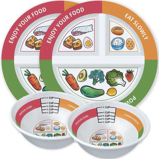 Main image of 4 Pcs Portion Control Plates & Bowls Set (9 Inch), Self-Measuring for Weight Loss, Gastric Bypass, LapBand, Diabetes, & Healthy Diets, Divided Nutrition Plates for Adults & Children