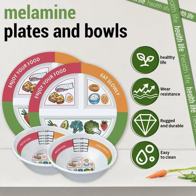 Alt view image 4 of 7 - 4 Pcs Portion Control Plates & Bowls Set (9 Inch), Self-Measuring for Weight Loss, Gastric Bypass, LapBand, Diabetes, & Healthy Diets, Divided Nutrition Plates for Adults & Children
