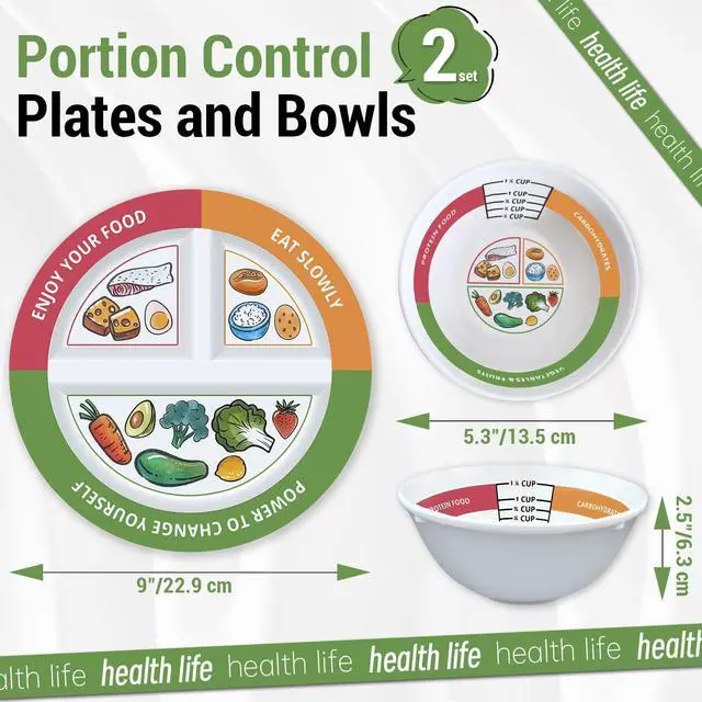 Alt view image 2 of 7 - 4 Pcs Portion Control Plates & Bowls Set (9 Inch), Self-Measuring for Weight Loss, Gastric Bypass, LapBand, Diabetes, & Healthy Diets, Divided Nutrition Plates for Adults & Children