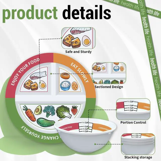 Alt view image 3 of 7 - 4 Pcs Portion Control Plates & Bowls Set (9 Inch), Self-Measuring for Weight Loss, Gastric Bypass, LapBand, Diabetes, & Healthy Diets, Divided Nutrition Plates for Adults & Children