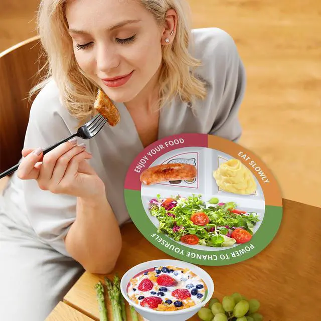 Alt view image 7 of 7 - 4 Pcs Portion Control Plates & Bowls Set (9 Inch), Self-Measuring for Weight Loss, Gastric Bypass, LapBand, Diabetes, & Healthy Diets, Divided Nutrition Plates for Adults & Children