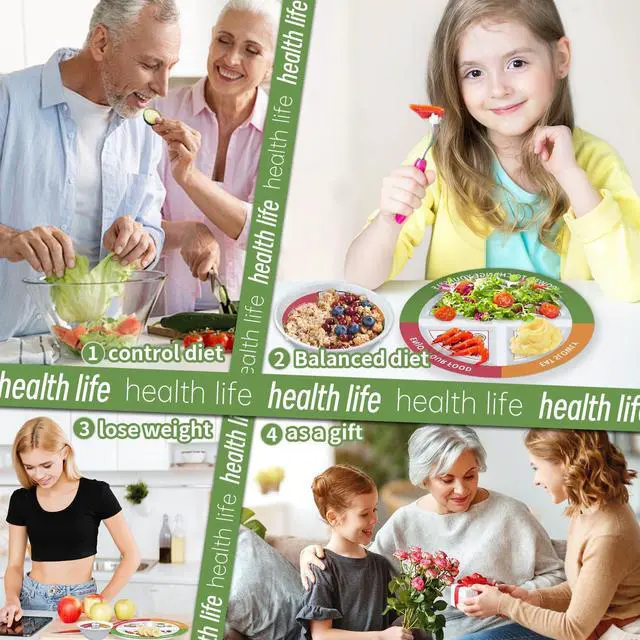 Alt view image 5 of 7 - 4 Pcs Portion Control Plates & Bowls Set (9 Inch), Self-Measuring for Weight Loss, Gastric Bypass, LapBand, Diabetes, & Healthy Diets, Divided Nutrition Plates for Adults & Children