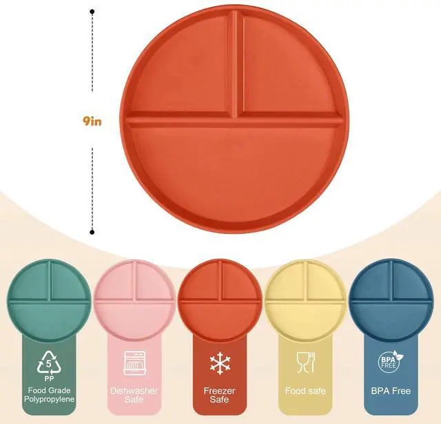 Alt view image 3 of 6 - Portion Control Plate 9Inch 5PS Round Divided Plates for Kids Adults3 Compartment Plates Reusable,Microwave And Dishwasher Safa