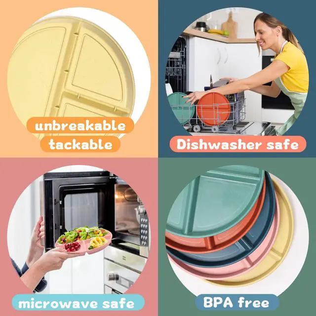 Alt view image 4 of 6 - Portion Control Plate 9Inch 5PS Round Divided Plates for Kids Adults3 Compartment Plates Reusable,Microwave And Dishwasher Safa