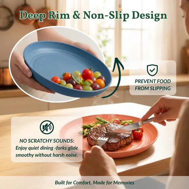 Alt view image 4 of 7 - Deep Dinner Plates Set of 8 Alternative for Plastic Plates Microwave and Dishwasher Safe Wheat Straw Plates for Kitchen Unbreakable Kids Plate Set with 4 Colors (Classic Bright, 9 inch)