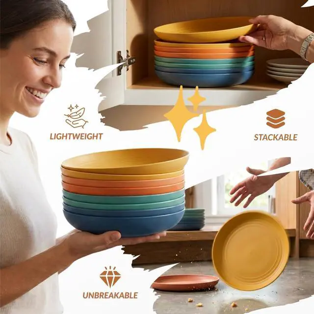 Alt view image 5 of 7 - Deep Dinner Plates Set of 8 Alternative for Plastic Plates Microwave and Dishwasher Safe Wheat Straw Plates for Kitchen Unbreakable Kids Plate Set with 4 Colors (Classic Bright, 9 inch)