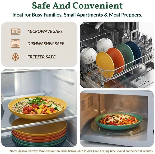Alt view image 6 of 7 - Deep Dinner Plates Set of 8 Alternative for Plastic Plates Microwave and Dishwasher Safe Wheat Straw Plates for Kitchen Unbreakable Kids Plate Set with 4 Colors (Classic Bright, 9 inch)
