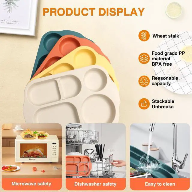 Alt view image 5 of 6 - 12 Inch (8PCS) Unbreakable Divided Plates for Kids Adults, Wheat Straw Dividers Plates, Reusable Compartment Plates,Dishwasher & Microwave Safe