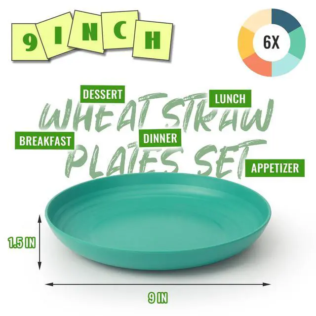 Alt view image 2 of 7 - Wheat Straw Plates, 9 in Deep Dinner Plates Set of 6, Alternative Plastic Plates Reusable, Unbreakable Microwave and Dishwasher Safe Kids Plate for Kitchen, Camping, Multi