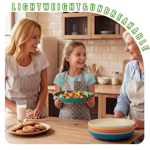 Alt view image 4 of 7 - Wheat Straw Plates, 9 in Deep Dinner Plates Set of 6, Alternative Plastic Plates Reusable, Unbreakable Microwave and Dishwasher Safe Kids Plate for Kitchen, Camping, Multi