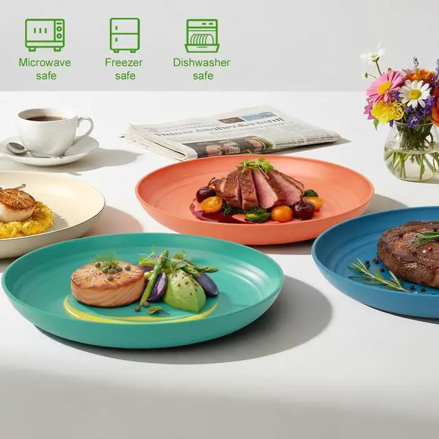 Alt view image 5 of 7 - Wheat Straw Plates, 9 in Deep Dinner Plates Set of 6, Alternative Plastic Plates Reusable, Unbreakable Microwave and Dishwasher Safe Kids Plate for Kitchen, Camping, Multi