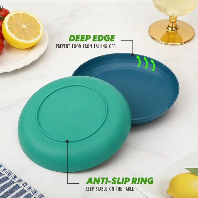 Alt view image 6 of 7 - Wheat Straw Plates, 9 in Deep Dinner Plates Set of 6, Alternative Plastic Plates Reusable, Unbreakable Microwave and Dishwasher Safe Kids Plate for Kitchen, Camping, Multi