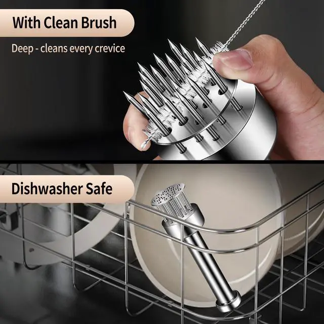 Alt view image 4 of 7 - Stainless Steel Meat Tenderizer Tool, 21 Sharp Needles, Chicken Meat Tenderizer, Tenderizing Steak, Beef, Chicken, Pork, Barbecue, Marinating Prep Tool, with free cleaning brush