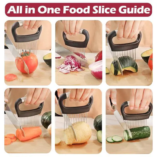 Alt view image 2 of 6 - Large Onion Holder for Slicing, 304 Stainless Steel Large Onion Cutter Vegetable Chopper,Tomato Slicer for Potato, Practical Meat Tenderizer Tool, Kitchen Food Slicer Guide for Neat Slicing