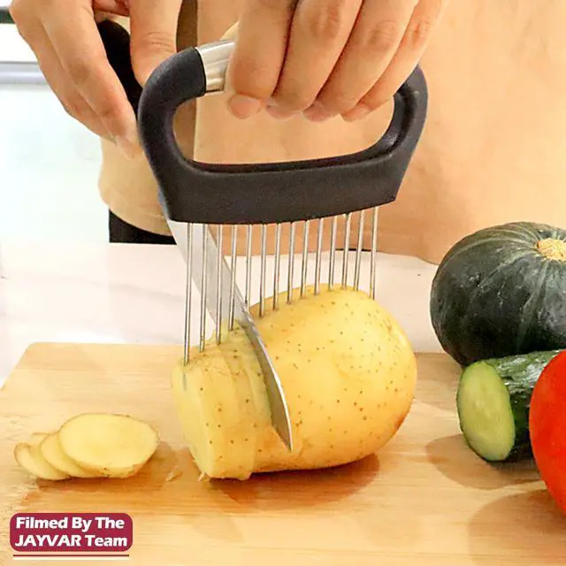 Alt view image 5 of 6 - Large Onion Holder for Slicing, 304 Stainless Steel Large Onion Cutter Vegetable Chopper,Tomato Slicer for Potato, Practical Meat Tenderizer Tool, Kitchen Food Slicer Guide for Neat Slicing