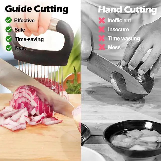Alt view image 3 of 6 - Large Onion Holder for Slicing, 304 Stainless Steel Large Onion Cutter Vegetable Chopper,Tomato Slicer for Potato, Practical Meat Tenderizer Tool, Kitchen Food Slicer Guide for Neat Slicing