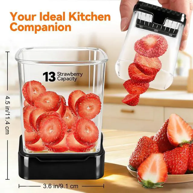Alt view image 2 of 7 - Fruit Slicer Cup for Strawberry, Banana, Hard-Boiled Egg - Detachable Cutter with Push Plate - 304 Stainless Steel Blade - Rapid & Safe Slicing Kitchen Gadget for Quick Meal Prep (Black)