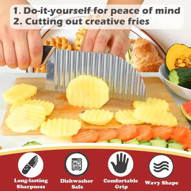 Alt view image 4 of 7 - Large Crinkle Cutter Wave Potato Slicer, Stainless Steel French Fry Cutter Wavy Chopper, Vegetable Crinkle Cutting Tool with Handle for Cucumber, Kitchen Dicer Gadgets, Kitchen Veggie Slicer