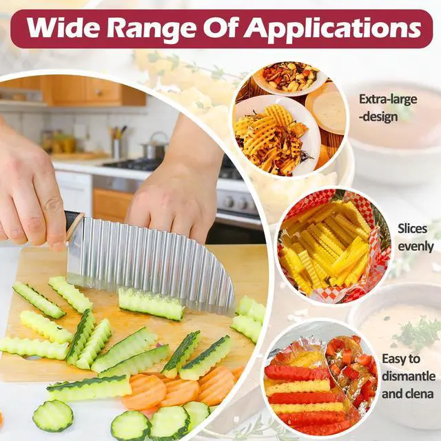 Alt view image 6 of 7 - Large Crinkle Cutter Wave Potato Slicer, Stainless Steel French Fry Cutter Wavy Chopper, Vegetable Crinkle Cutting Tool with Handle for Cucumber, Kitchen Dicer Gadgets, Kitchen Veggie Slicer