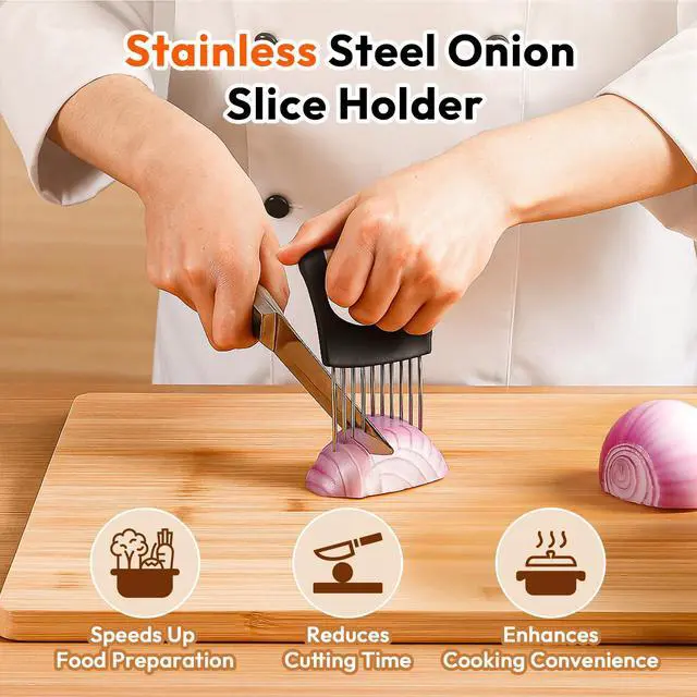 Alt view image 2 of 7 - Onion Slicer, Stainless Steel Onion Holder for Slicing with Protective Case, Onion Cutter Tool for Meat Lemon Potato Tomato Avocado Egg Kitchen Slicing Assistant Tool (1 PCS)