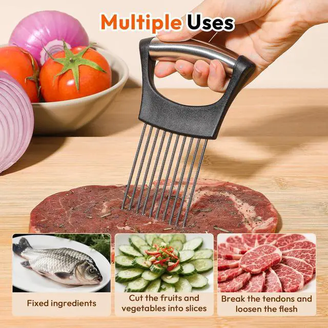 Alt view image 6 of 7 - Onion Slicer, Stainless Steel Onion Holder for Slicing with Protective Case, Onion Cutter Tool for Meat Lemon Potato Tomato Avocado Egg Kitchen Slicing Assistant Tool (1 PCS)