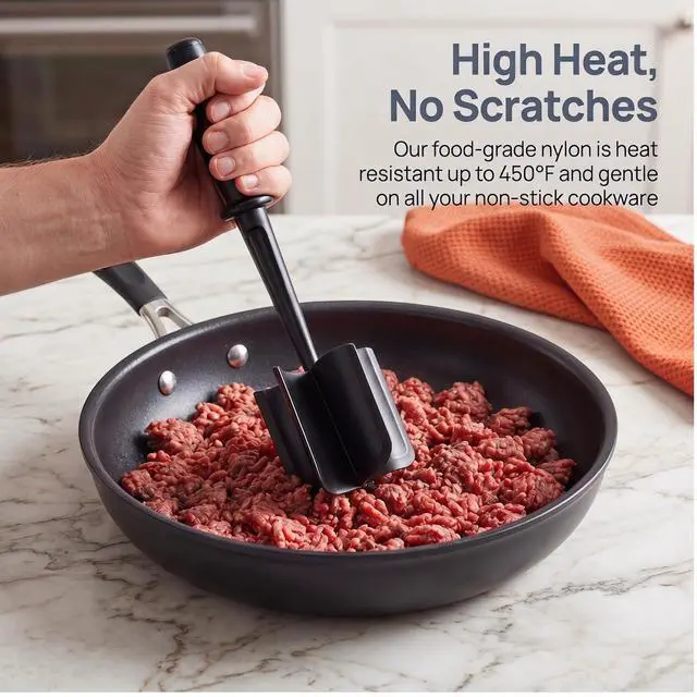 Alt view image 5 of 7 - Meat Chopper, Premium Heat Resistant Meat Masher, 5 Blades Ground Beef Masher, Non Stick Hamburger Smasher, Nylon Potato Masher, Dishwasher Safe, Black