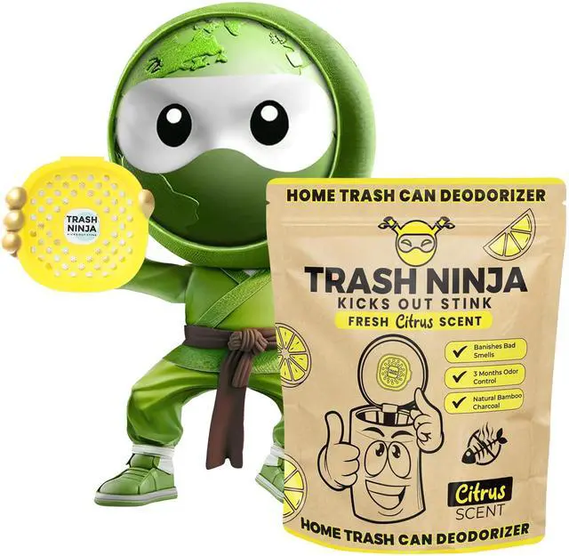 Main image of Trash Ninja Trash Odor Eliminator Long-Lasting Citrus Scent Deodorizer with Activated Charcoal, Stick-On Freshener for Garbage Can, Fridge, Bathroom, Kitchen, and Diaper Pail Odors