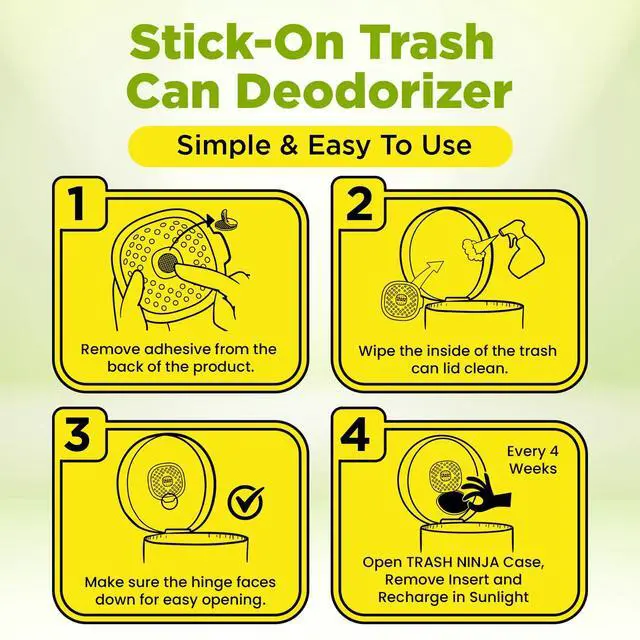 Alt view image 6 of 7 - Trash Ninja Trash Odor Eliminator Long-Lasting Citrus Scent Deodorizer with Activated Charcoal, Stick-On Freshener for Garbage Can, Fridge, Bathroom, Kitchen, and Diaper Pail Odors