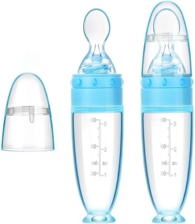 Main image of 2 Pieces Silicone Baby Spoons Baby Feeding Spoon with Standing Base for Infant 0-24 Months Dispensing and Feeding (Blue)
